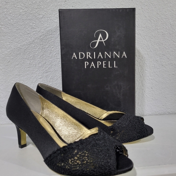 Adrianna Papell Black Heels with Gold Accents - Picture 1 of 10